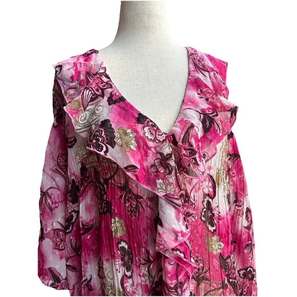 Maggie Barnes 4X Sheer Floral Ruffle Tunic Top Pleated Womens Artsy Boho Flowy - Picture 3 of 8